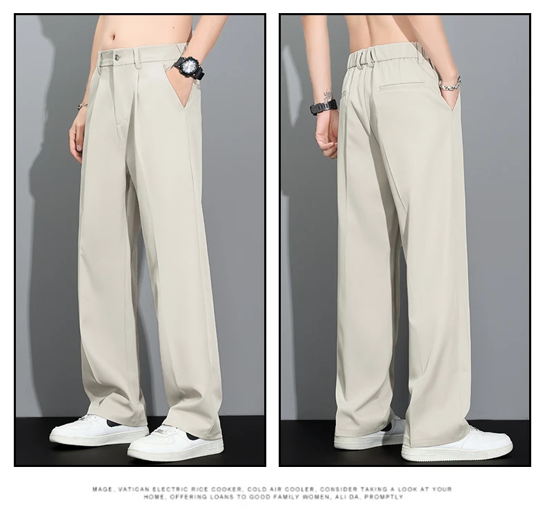 Men's 2026 Korean Style Loose Straight Leg Draping Lightweight Casual Pants Slacks Khaki Gray Black Trousers Male Autumn Winter