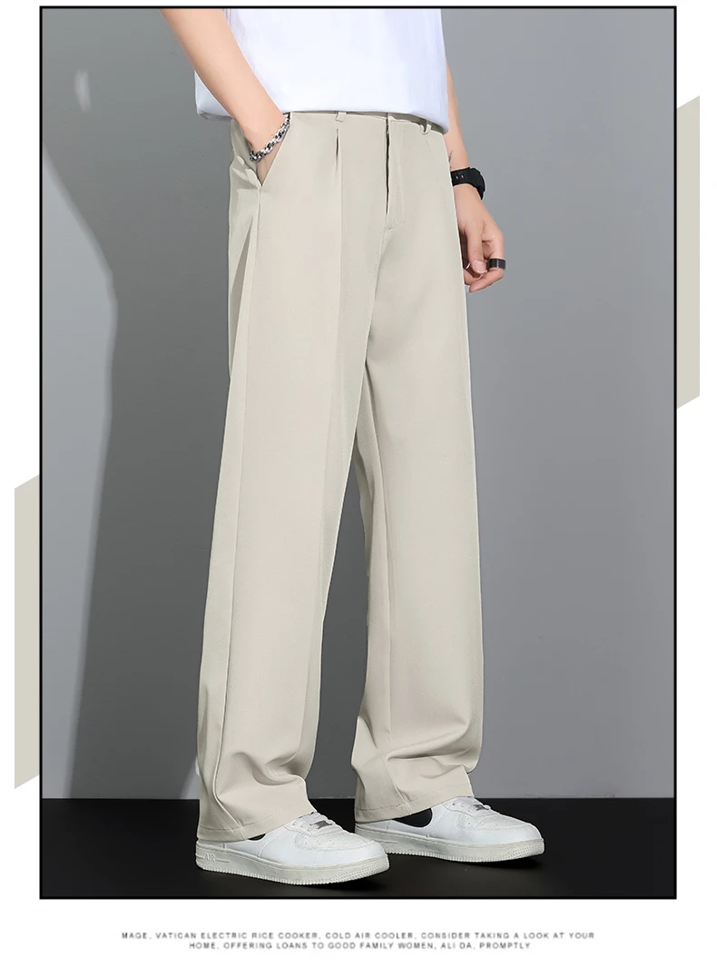 Men's 2026 Korean Style Loose Straight Leg Draping Lightweight Casual Pants Slacks Khaki Gray Black Trousers Male Autumn Winter