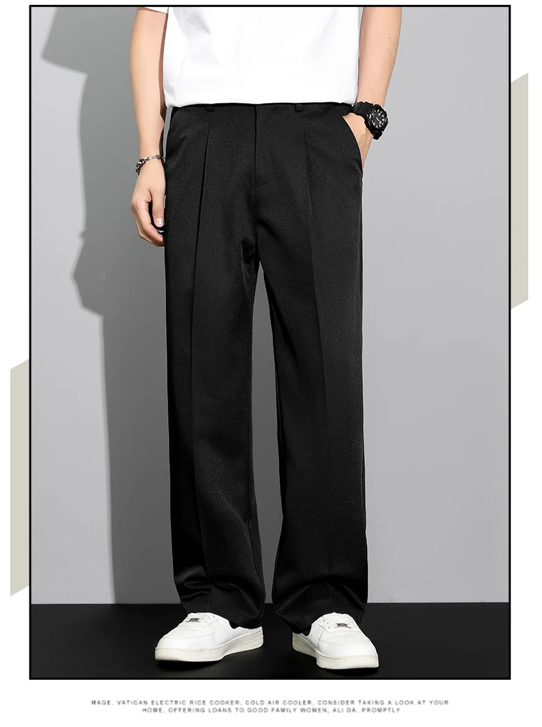 Men's 2026 Korean Style Loose Straight Leg Draping Lightweight Casual Pants Slacks Khaki Gray Black Trousers Male Autumn Winter