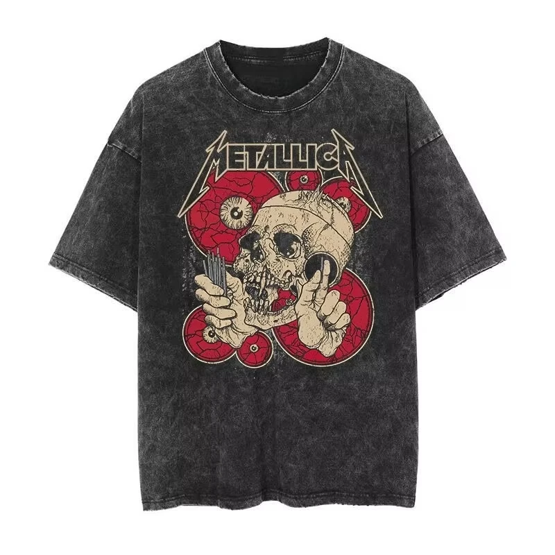 Metallica Rock Punk Vintage Washed T-shirt 2026 Men's and Women's American Retro Washed Luxury Y2k Top
