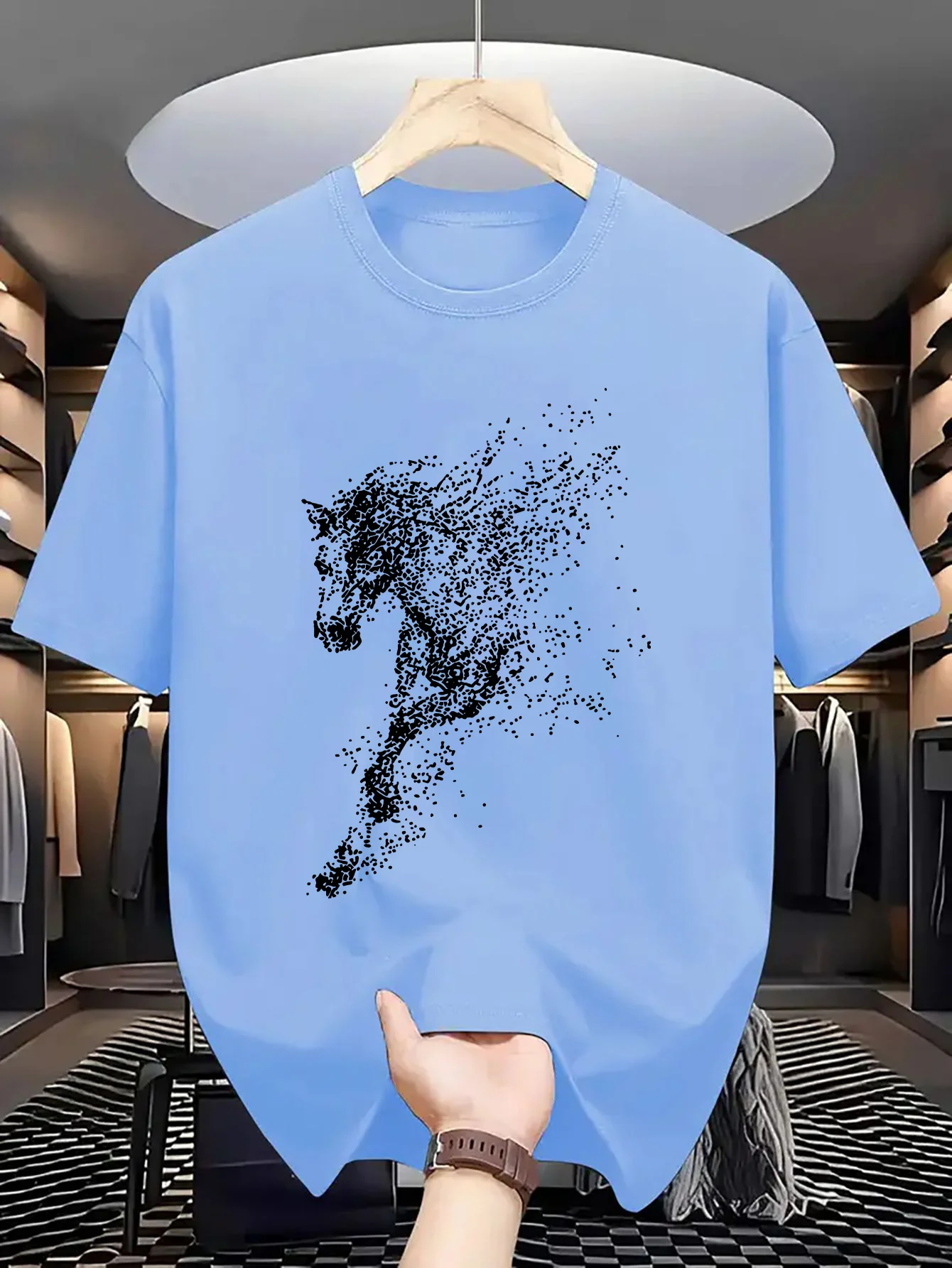 Men's Summer 100% Cotton Fashion Dot Art with Steed Printing for Casual Sports, Loose Round Neck Short Sleeve T-shirt,