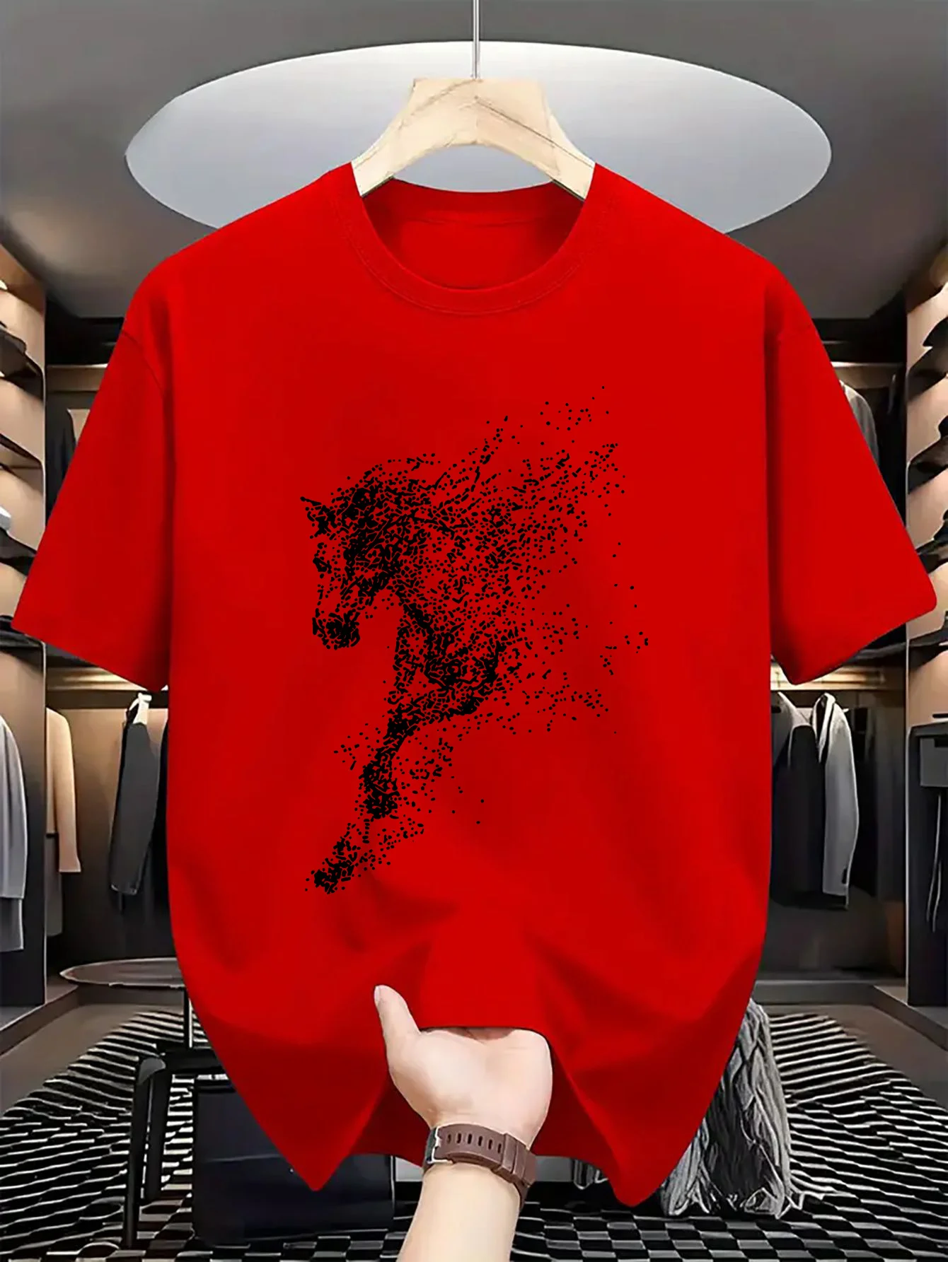 Men's Summer 100% Cotton Fashion Dot Art with Steed Printing for Casual Sports, Loose Round Neck Short Sleeve T-shirt,
