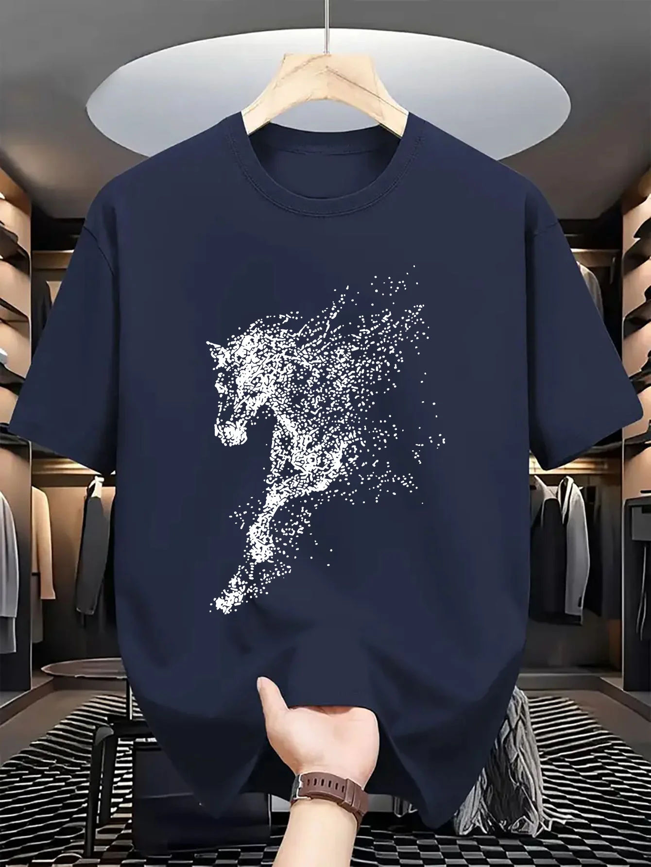 Men's Summer 100% Cotton Fashion Dot Art with Steed Printing for Casual Sports, Loose Round Neck Short Sleeve T-shirt,