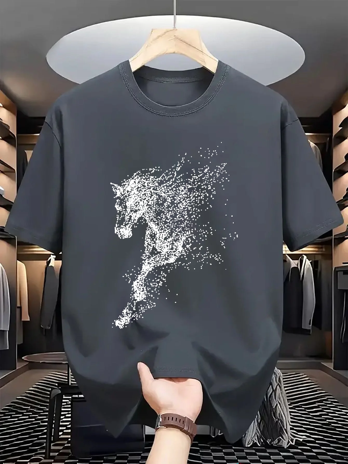 Men's Summer 100% Cotton Fashion Dot Art with Steed Printing for Casual Sports, Loose Round Neck Short Sleeve T-shirt,