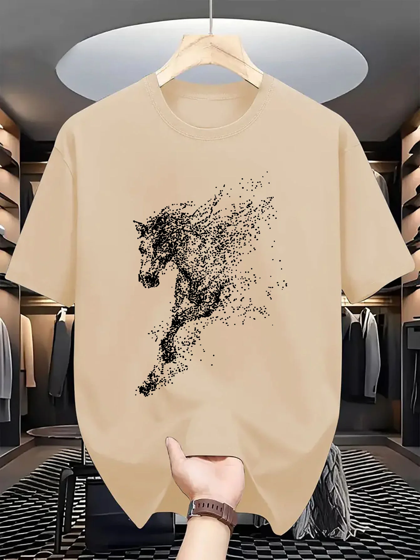 Men's Summer 100% Cotton Fashion Dot Art with Steed Printing for Casual Sports, Loose Round Neck Short Sleeve T-shirt,