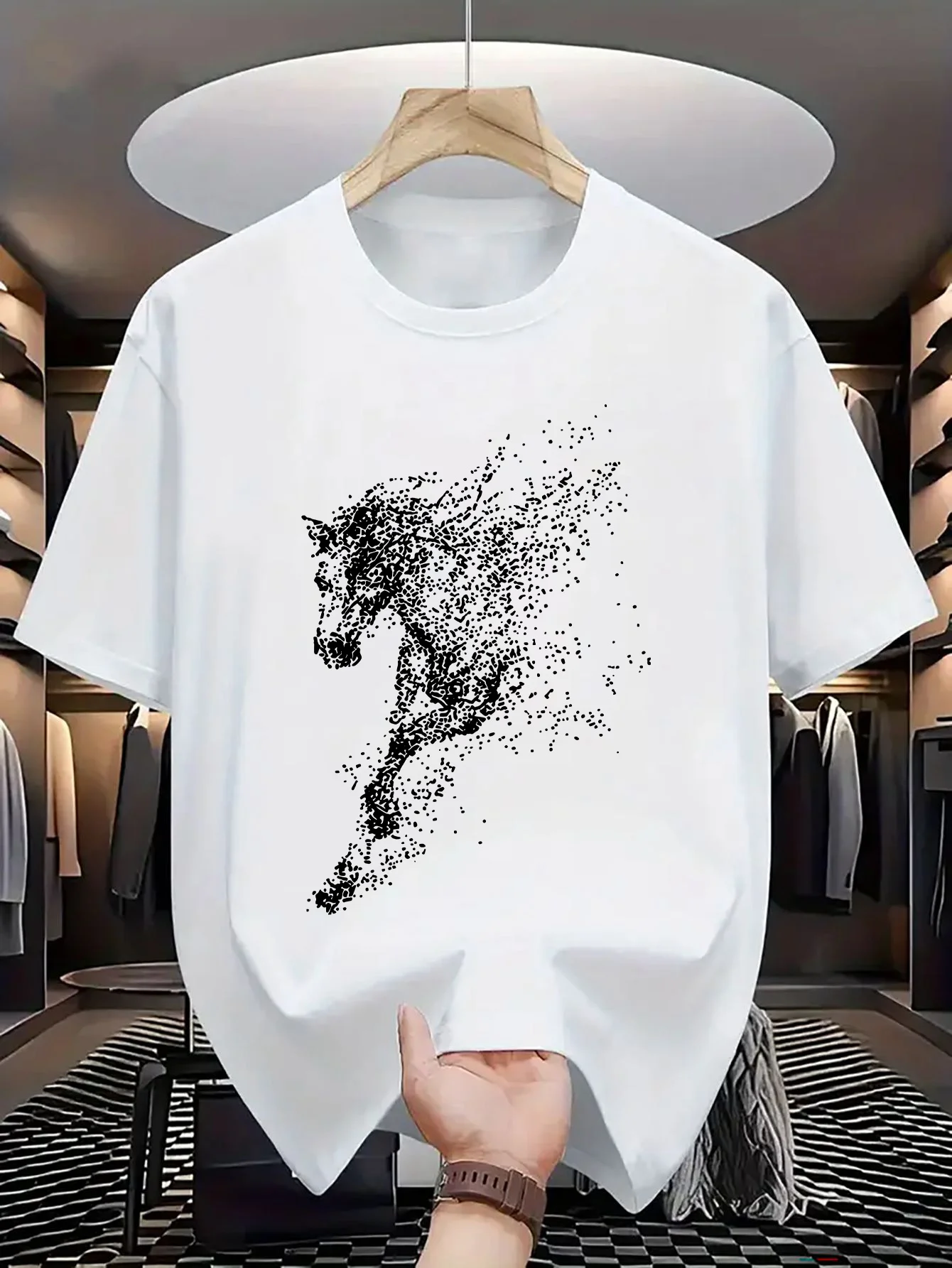 Men's Summer 100% Cotton Fashion Dot Art with Steed Printing for Casual Sports, Loose Round Neck Short Sleeve T-shirt,