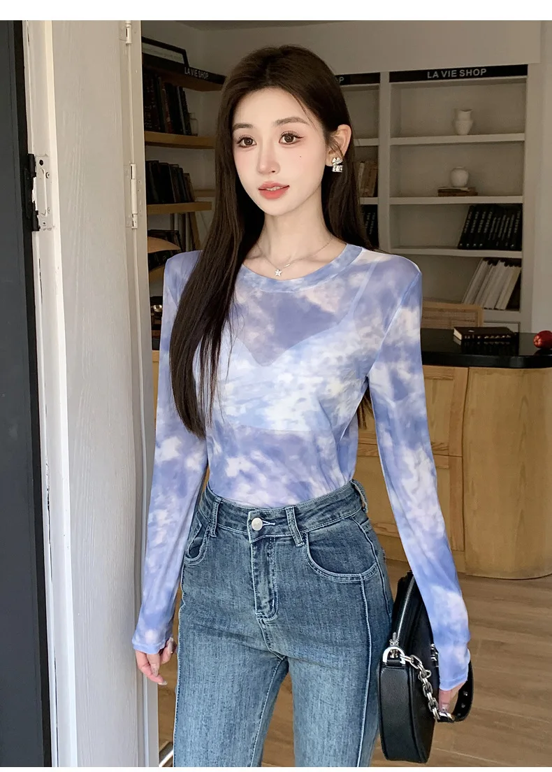 2026 Summer New Women's Mesh Long-Sleeved T-Shirt Round Neck Sun-Protective Printed Top Outer Wear Slim Thin Y2K Vintage Tops