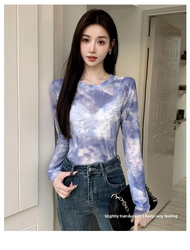 2026 Summer New Women's Mesh Long-Sleeved T-Shirt Round Neck Sun-Protective Printed Top Outer Wear Slim Thin Y2K Vintage Tops