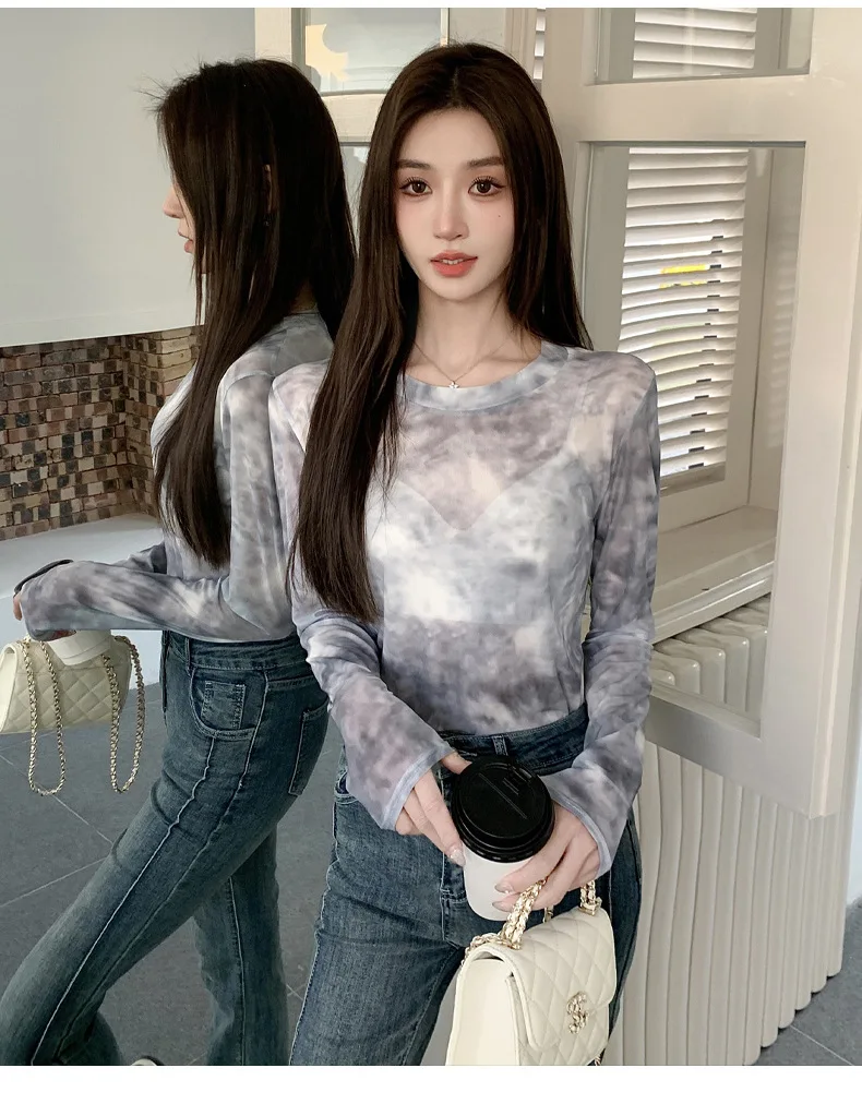 2026 Summer New Women's Mesh Long-Sleeved T-Shirt Round Neck Sun-Protective Printed Top Outer Wear Slim Thin Y2K Vintage Tops