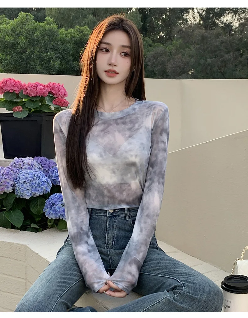 2026 Summer New Women's Mesh Long-Sleeved T-Shirt Round Neck Sun-Protective Printed Top Outer Wear Slim Thin Y2K Vintage Tops