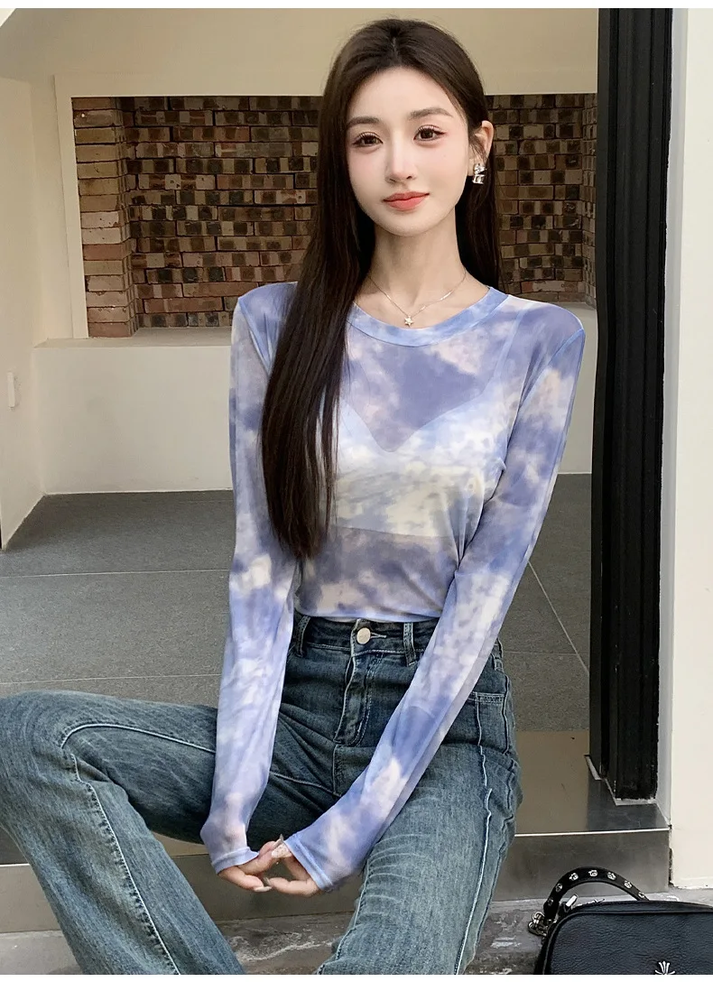 2026 Summer New Women's Mesh Long-Sleeved T-Shirt Round Neck Sun-Protective Printed Top Outer Wear Slim Thin Y2K Vintage Tops