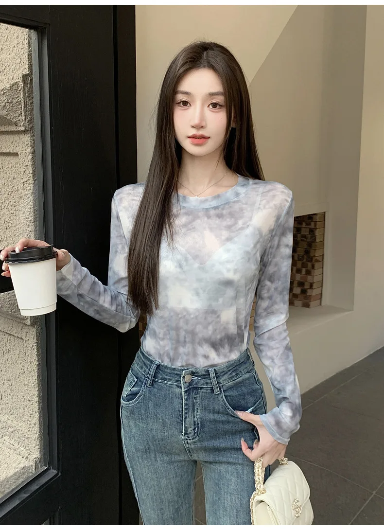2026 Summer New Women's Mesh Long-Sleeved T-Shirt Round Neck Sun-Protective Printed Top Outer Wear Slim Thin Y2K Vintage Tops