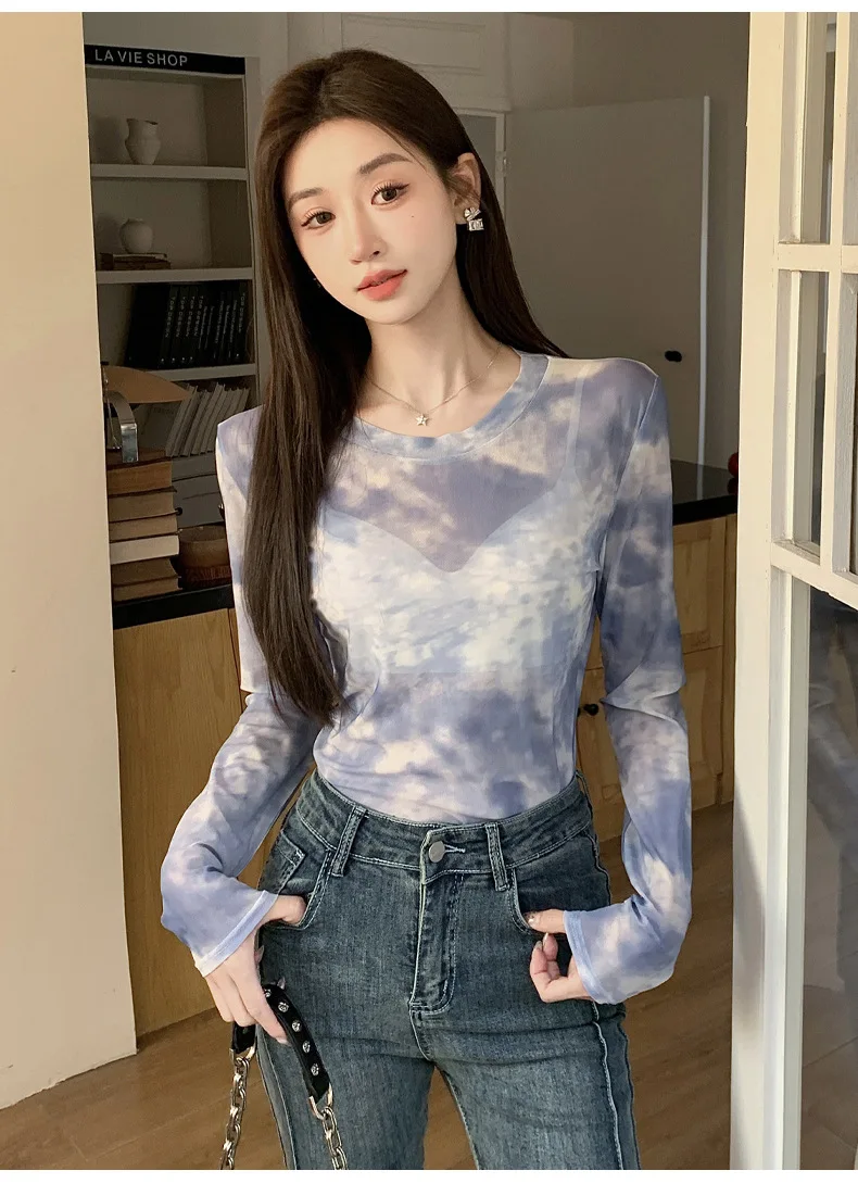2026 Summer New Women's Mesh Long-Sleeved T-Shirt Round Neck Sun-Protective Printed Top Outer Wear Slim Thin Y2K Vintage Tops
