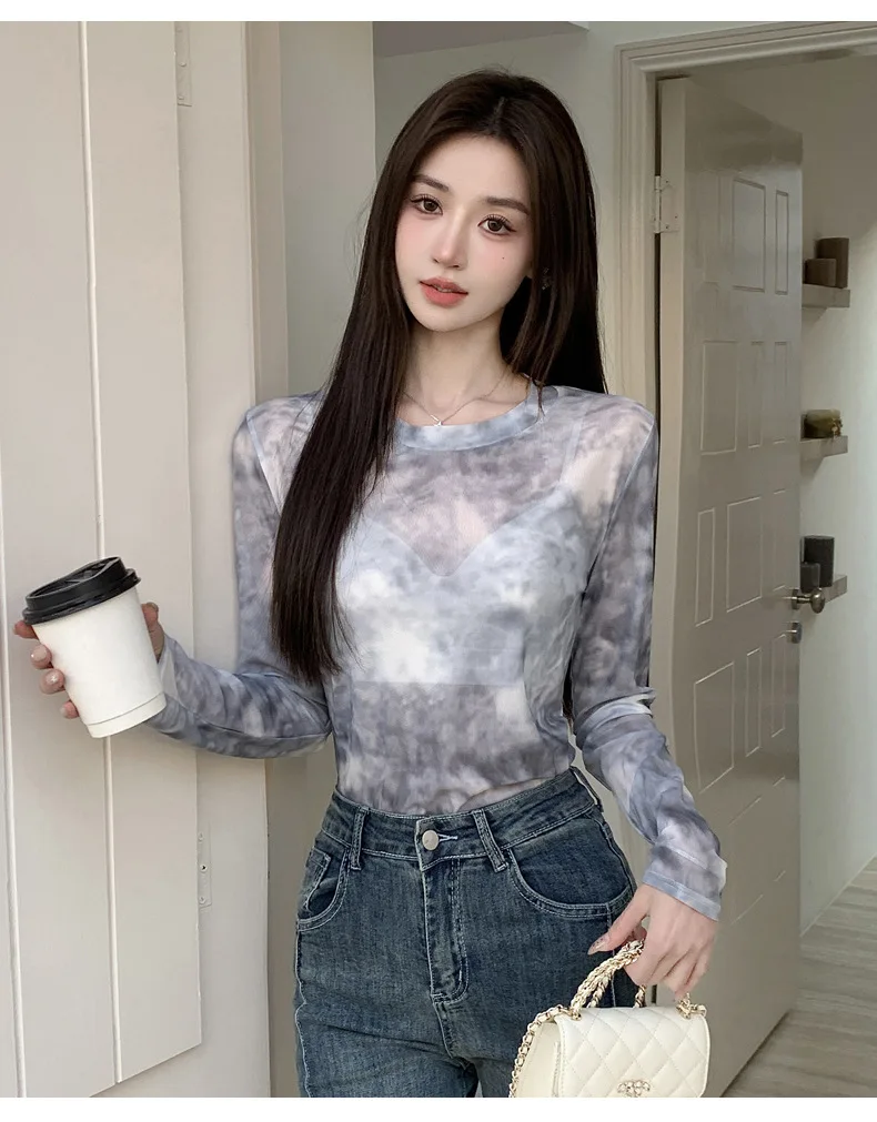 2026 Summer New Women's Mesh Long-Sleeved T-Shirt Round Neck Sun-Protective Printed Top Outer Wear Slim Thin Y2K Vintage Tops