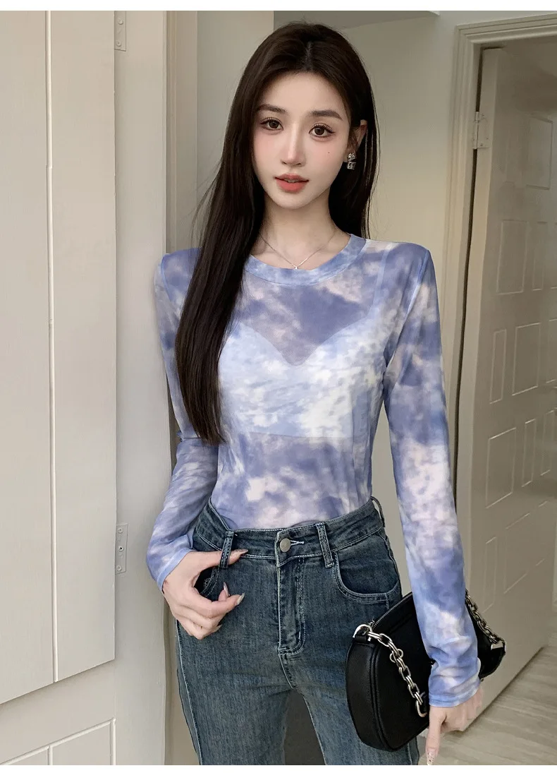 2026 Summer New Women's Mesh Long-Sleeved T-Shirt Round Neck Sun-Protective Printed Top Outer Wear Slim Thin Y2K Vintage Tops