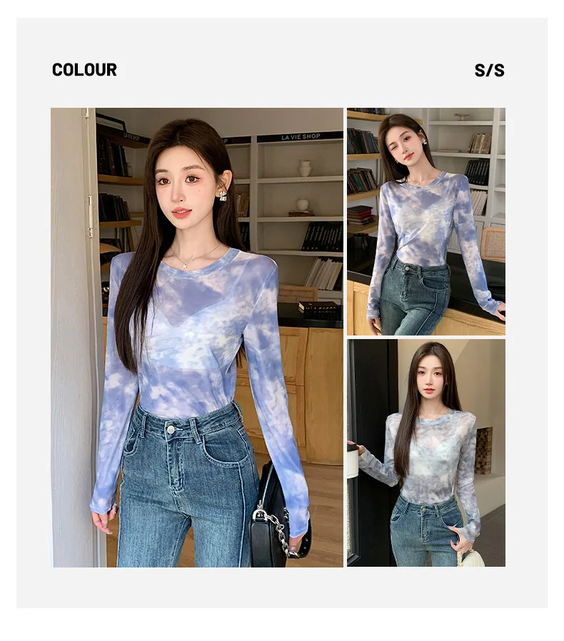 2026 Summer New Women's Mesh Long-Sleeved T-Shirt Round Neck Sun-Protective Printed Top Outer Wear Slim Thin Y2K Vintage Tops