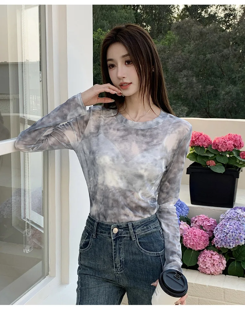 2026 Summer New Women's Mesh Long-Sleeved T-Shirt Round Neck Sun-Protective Printed Top Outer Wear Slim Thin Y2K Vintage Tops