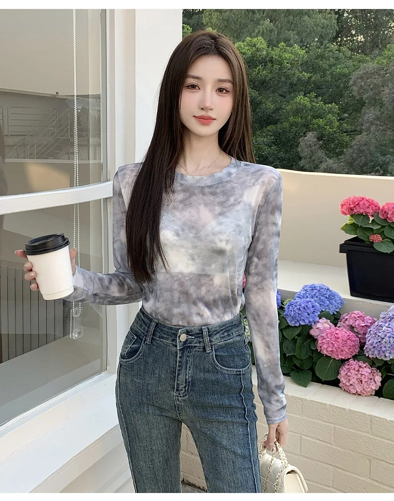 2026 Summer New Women's Mesh Long-Sleeved T-Shirt Round Neck Sun-Protective Printed Top Outer Wear Slim Thin Y2K Vintage Tops