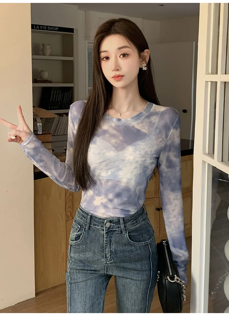2026 Summer New Women's Mesh Long-Sleeved T-Shirt Round Neck Sun-Protective Printed Top Outer Wear Slim Thin Y2K Vintage Tops