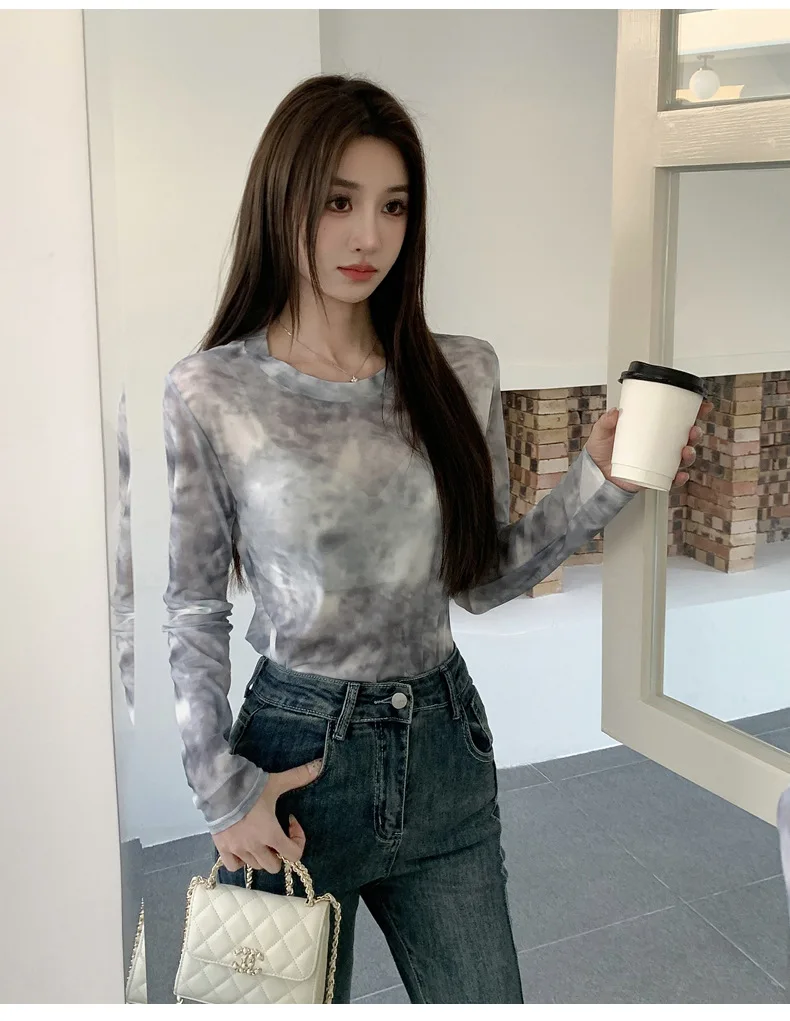2026 Summer New Women's Mesh Long-Sleeved T-Shirt Round Neck Sun-Protective Printed Top Outer Wear Slim Thin Y2K Vintage Tops