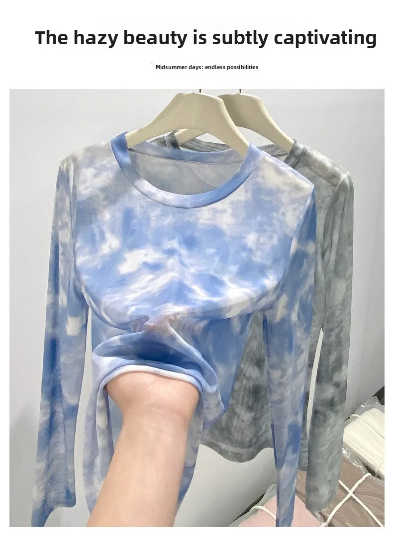 2026 Summer New Women's Mesh Long-Sleeved T-Shirt Round Neck Sun-Protective Printed Top Outer Wear Slim Thin Y2K Vintage Tops