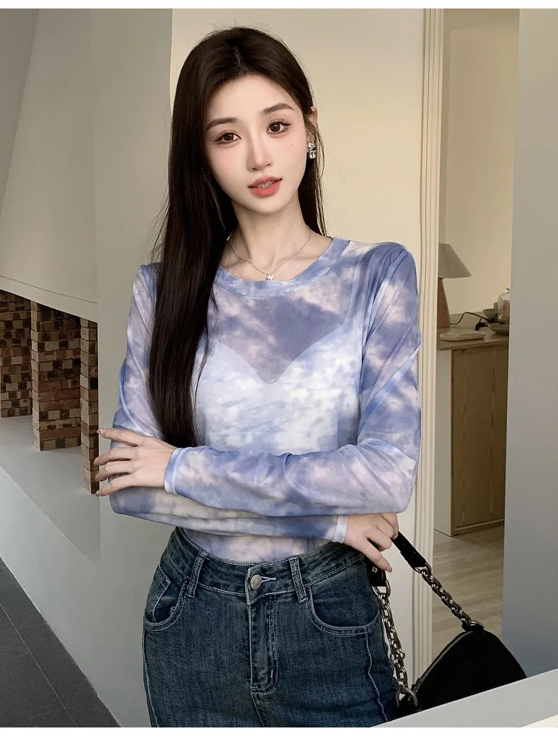 2026 Summer New Women's Mesh Long-Sleeved T-Shirt Round Neck Sun-Protective Printed Top Outer Wear Slim Thin Y2K Vintage Tops