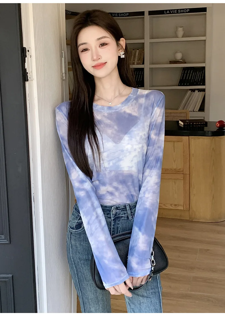 2026 Summer New Women's Mesh Long-Sleeved T-Shirt Round Neck Sun-Protective Printed Top Outer Wear Slim Thin Y2K Vintage Tops