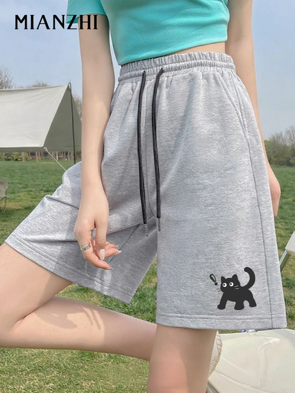 Women's Summer Cat Print Pure Casual Shorts A-Line Loose Fit Knee-Length Pants with Pockets Drawstring Elastic Waist Pure Fabric