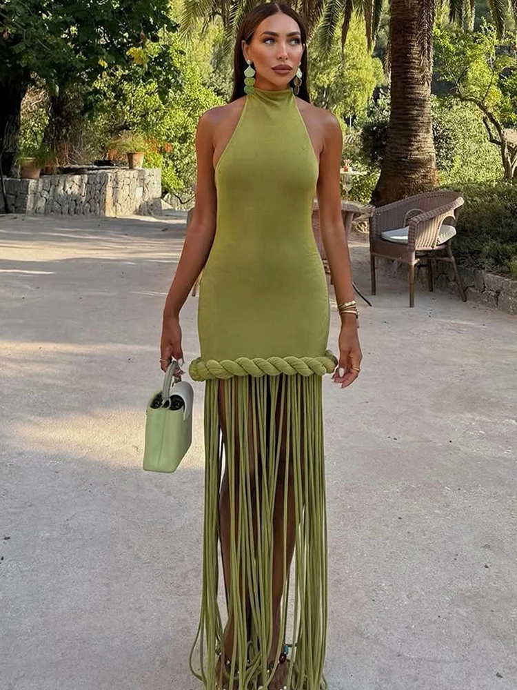 Kliou Sexy Backless Long Dress Woman Halter o-Neck Off Shoulder Tassel Decoration Midnight Prom Party Elegant Skinny Vestidos