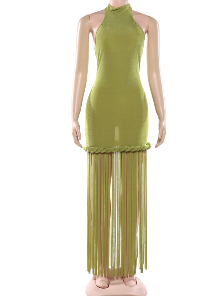 Kliou Sexy Backless Long Dress Woman Halter o-Neck Off Shoulder Tassel Decoration Midnight Prom Party Elegant Skinny Vestidos