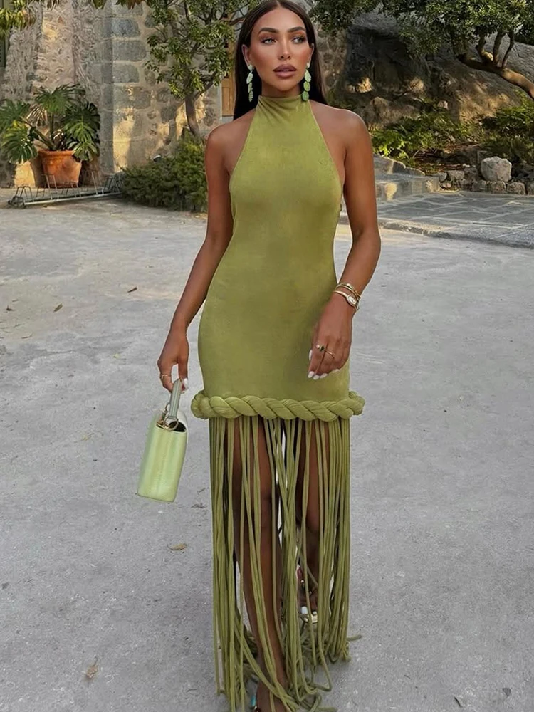 Kliou Sexy Backless Long Dress Woman Halter o-Neck Off Shoulder Tassel Decoration Midnight Prom Party Elegant Skinny Vestidos