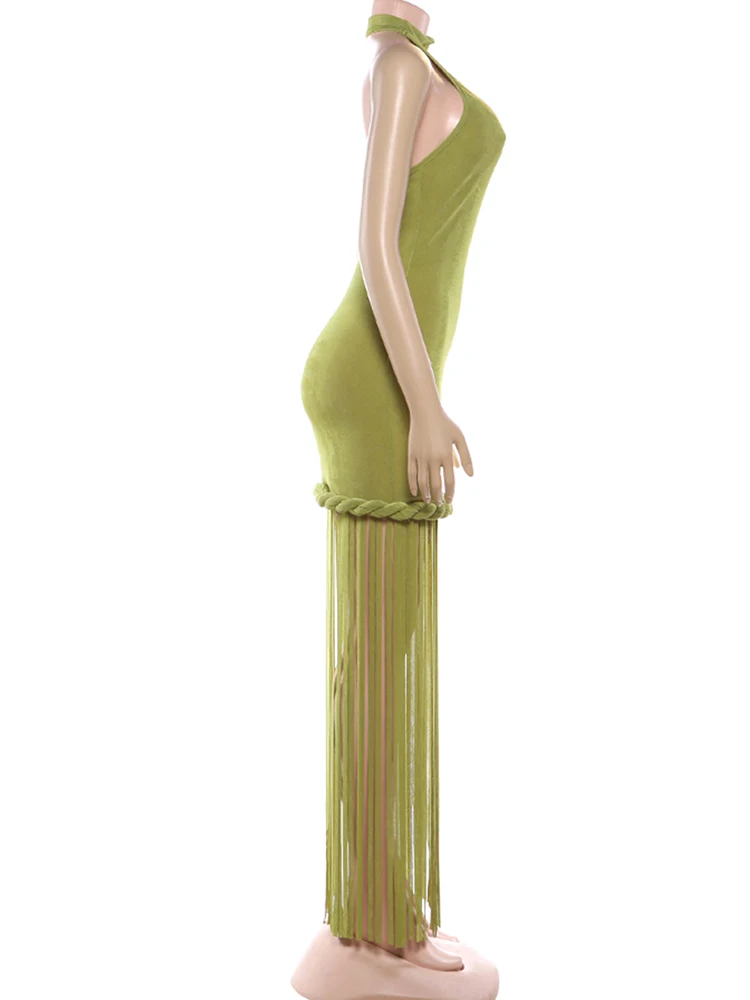 Kliou Sexy Backless Long Dress Woman Halter o-Neck Off Shoulder Tassel Decoration Midnight Prom Party Elegant Skinny Vestidos