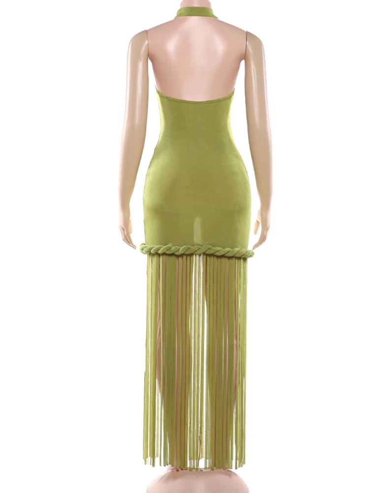 Kliou Sexy Backless Long Dress Woman Halter o-Neck Off Shoulder Tassel Decoration Midnight Prom Party Elegant Skinny Vestidos