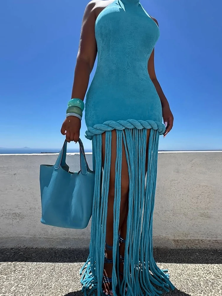 Kliou Sexy Backless Long Dress Woman Halter o-Neck Off Shoulder Tassel Decoration Midnight Prom Party Elegant Skinny Vestidos