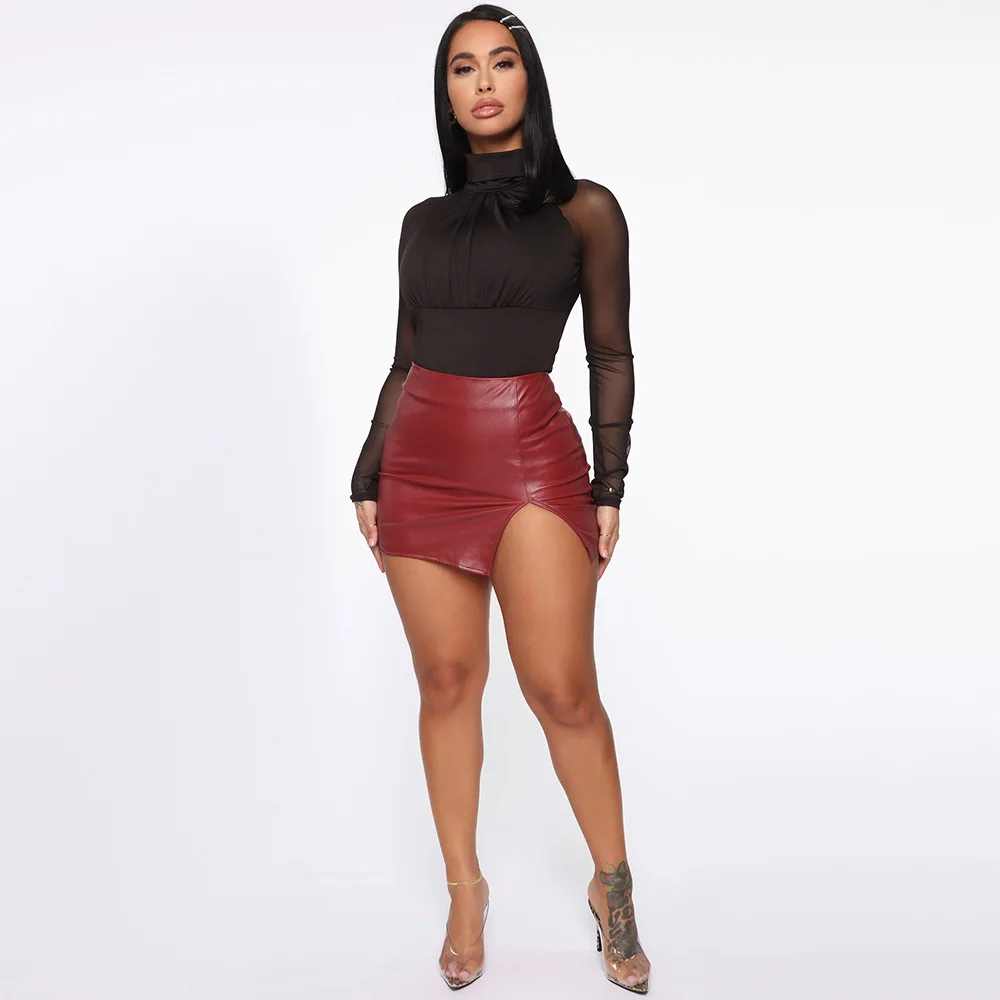 European and American Women's Solid Color HighWaisted HipHuggingShort Skirt Nightclub PU Leather Zipper Sexy Black Leather Skirt