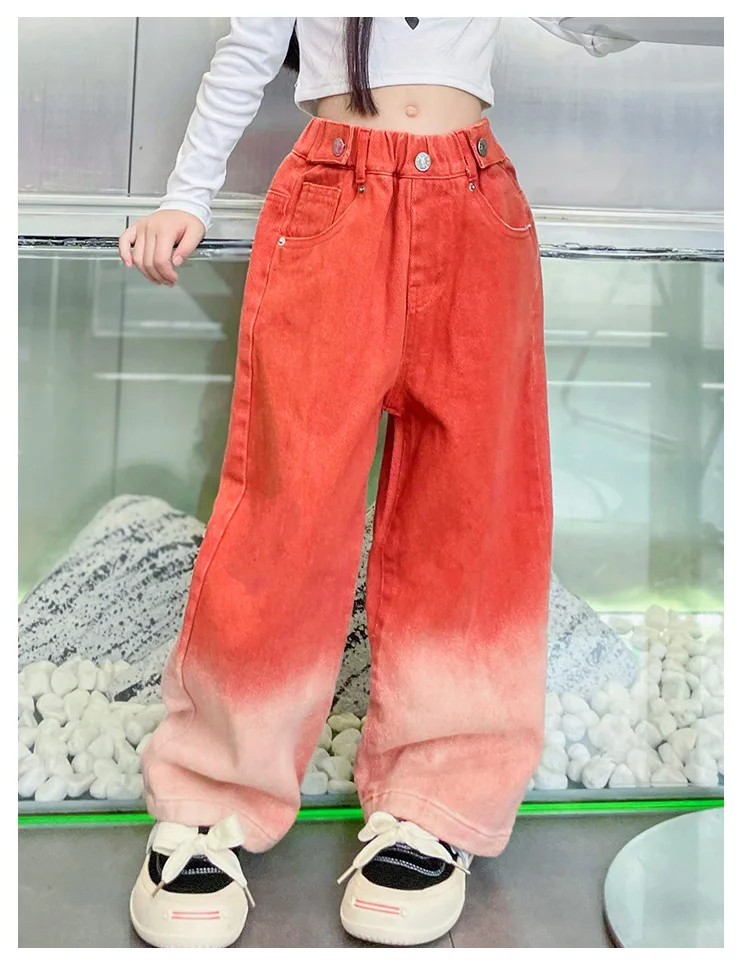 New Fashion Spring Autumn Girls Jeans Teen Girls Gradient Color Long Style Trousers For Kids Denim Wide Leg Pants