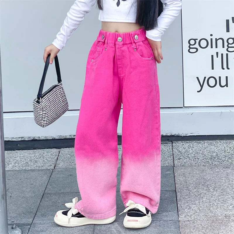 New Fashion Spring Autumn Girls Jeans Teen Girls Gradient Color Long Style Trousers For Kids Denim Wide Leg Pants