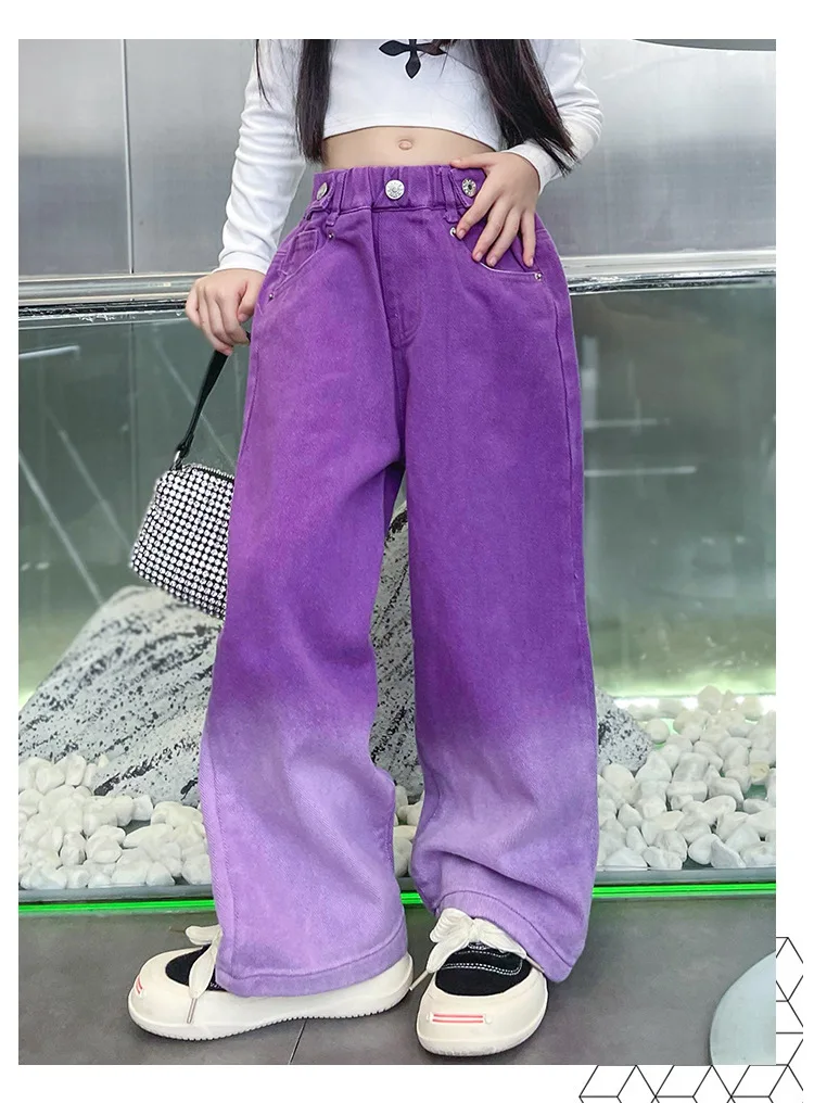 New Fashion Spring Autumn Girls Jeans Teen Girls Gradient Color Long Style Trousers For Kids Denim Wide Leg Pants