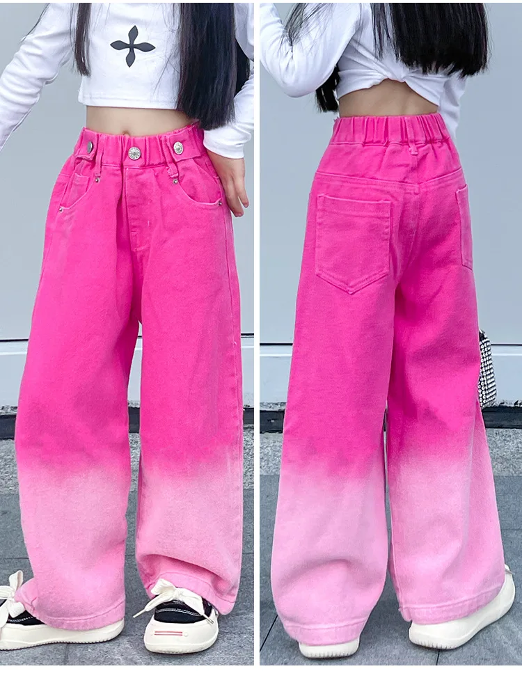 New Fashion Spring Autumn Girls Jeans Teen Girls Gradient Color Long Style Trousers For Kids Denim Wide Leg Pants