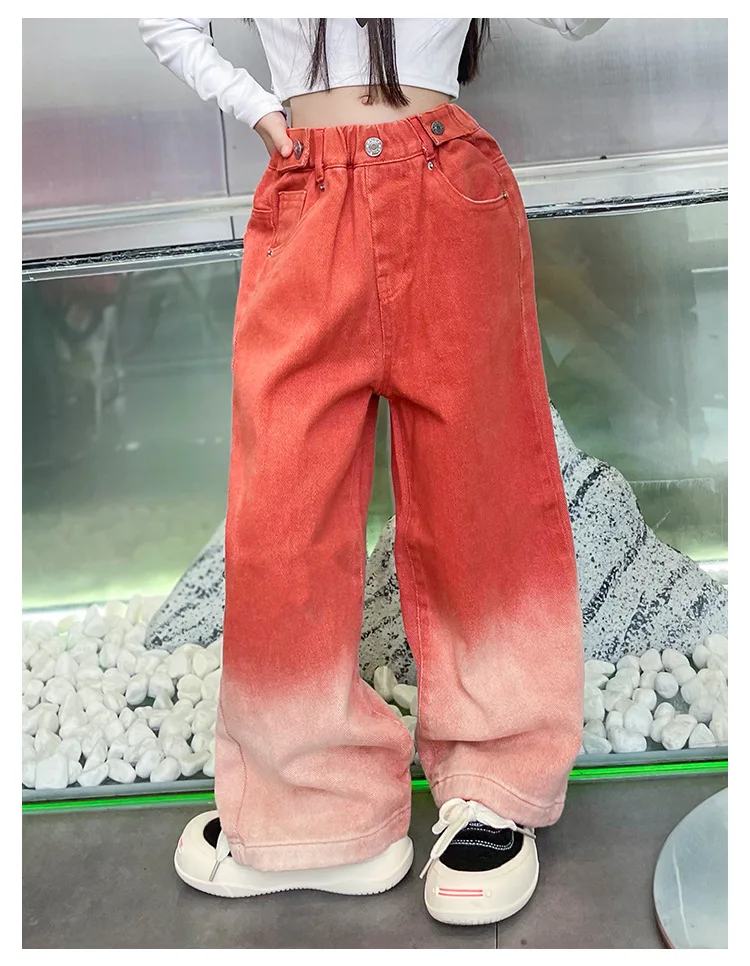 New Fashion Spring Autumn Girls Jeans Teen Girls Gradient Color Long Style Trousers For Kids Denim Wide Leg Pants