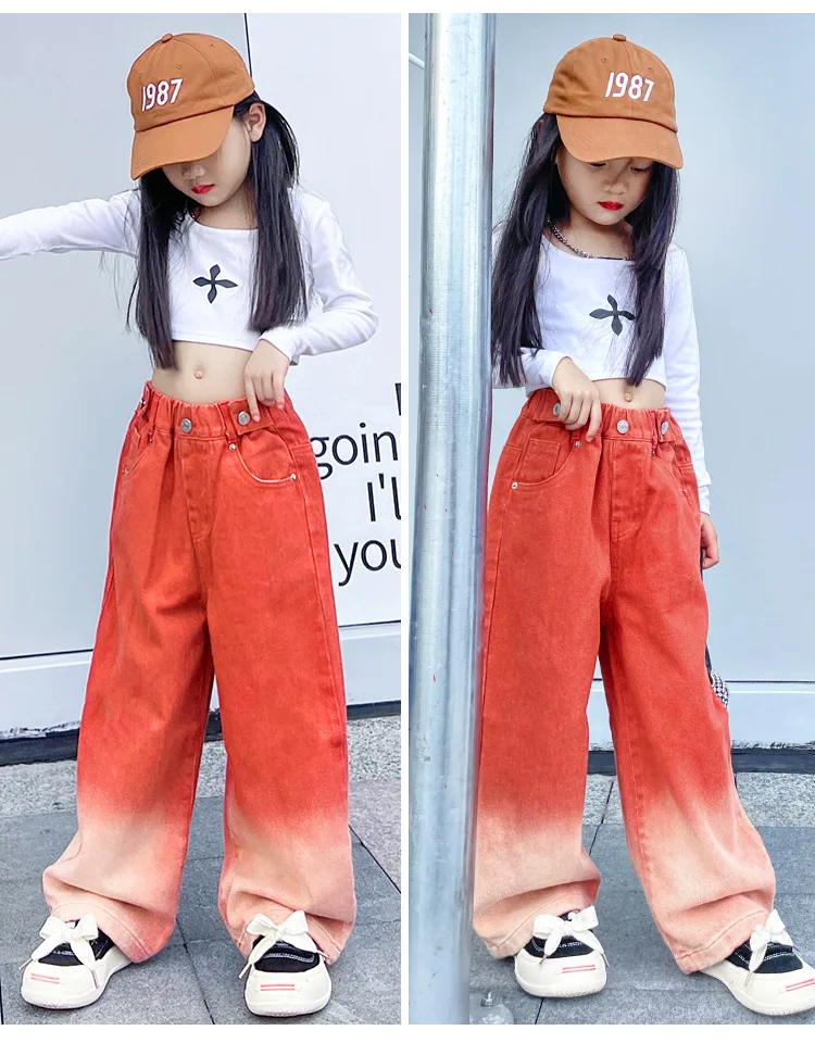 New Fashion Spring Autumn Girls Jeans Teen Girls Gradient Color Long Style Trousers For Kids Denim Wide Leg Pants