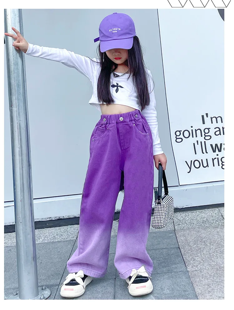 New Fashion Spring Autumn Girls Jeans Teen Girls Gradient Color Long Style Trousers For Kids Denim Wide Leg Pants