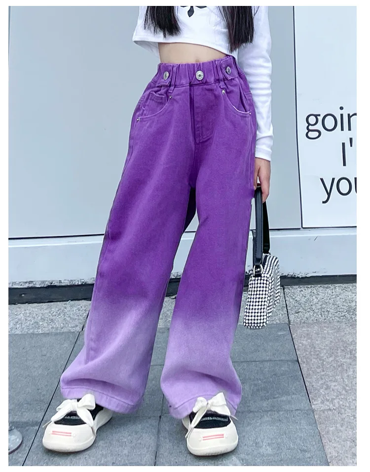 New Fashion Spring Autumn Girls Jeans Teen Girls Gradient Color Long Style Trousers For Kids Denim Wide Leg Pants