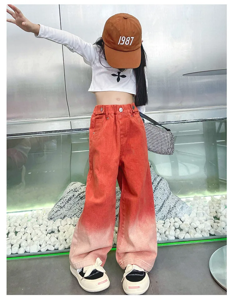 New Fashion Spring Autumn Girls Jeans Teen Girls Gradient Color Long Style Trousers For Kids Denim Wide Leg Pants