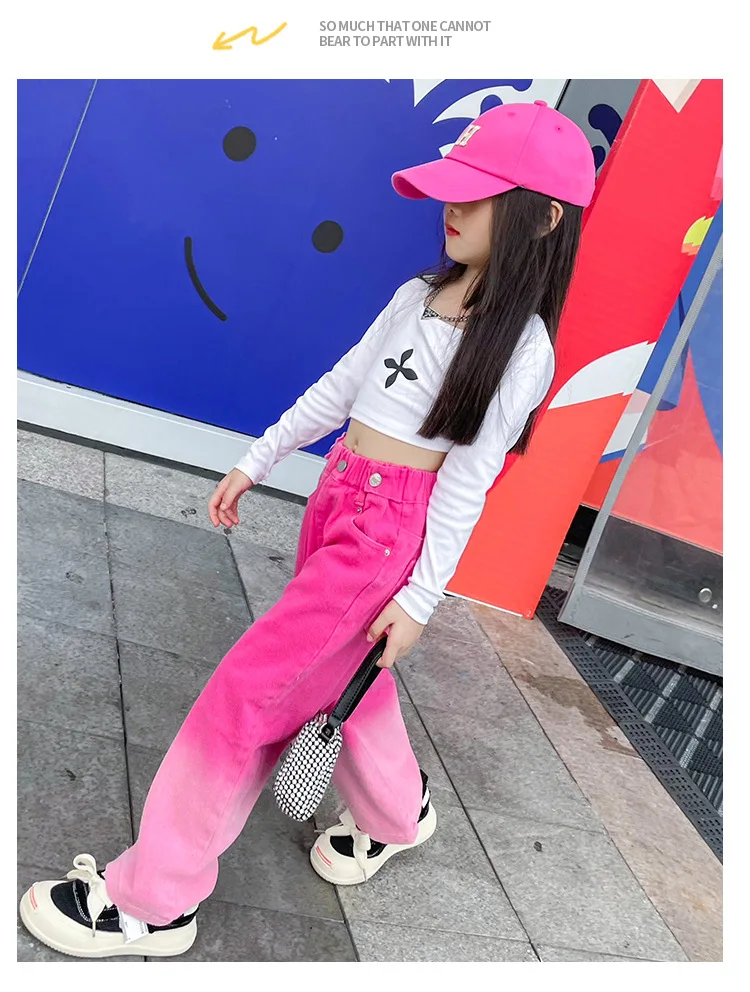New Fashion Spring Autumn Girls Jeans Teen Girls Gradient Color Long Style Trousers For Kids Denim Wide Leg Pants