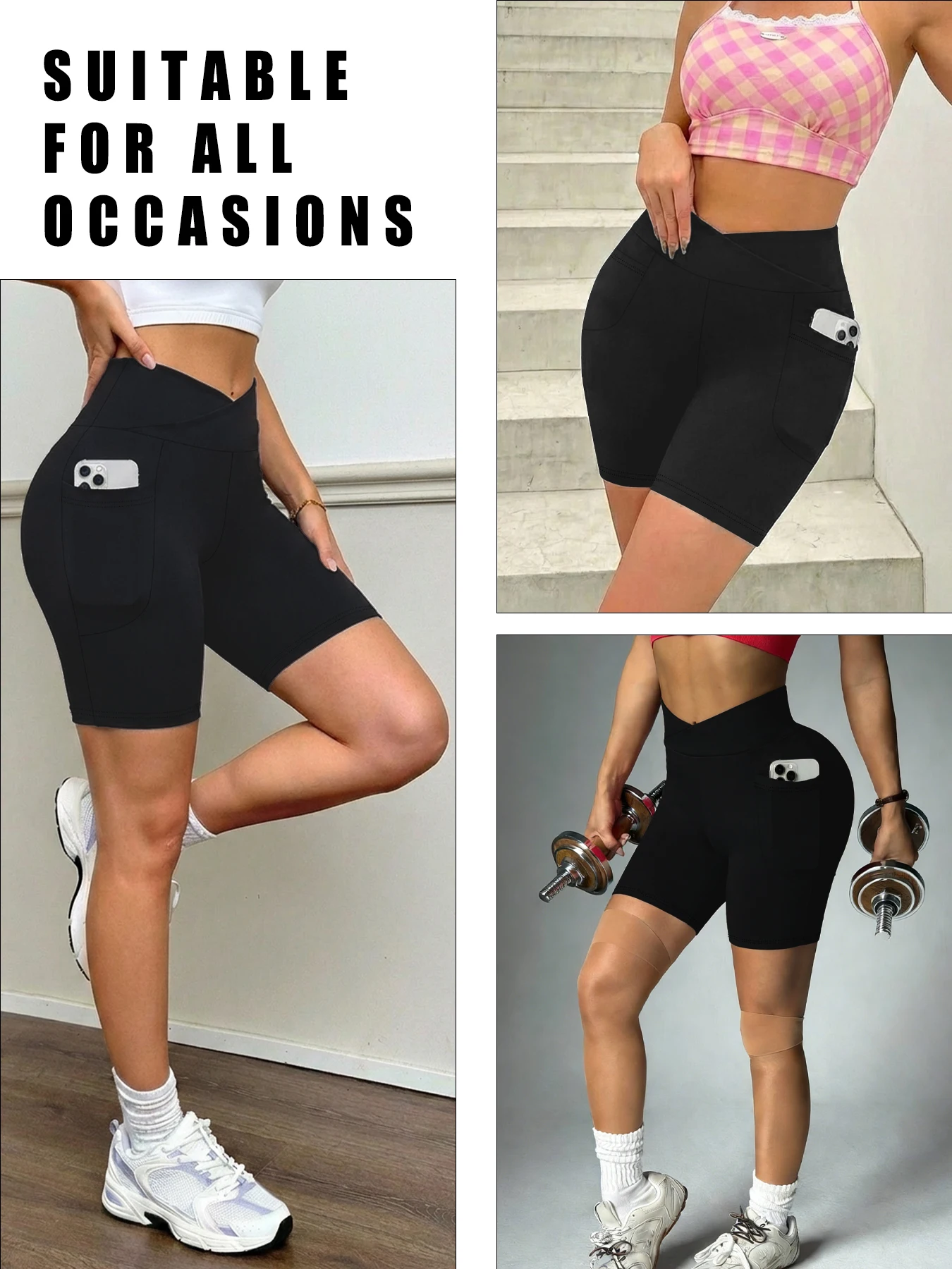Women's Super Soft Crossover High Waisted Biker Shorts With Pockets Tummy Control No See Through Workout Yoga Running Shorts