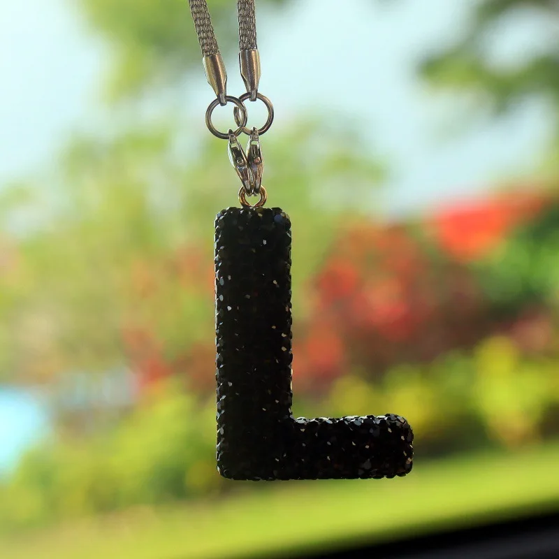 Black Rhinestone Letter Polymer Clay Car Charm - Crystal Rearview Mirror Pendant for Women