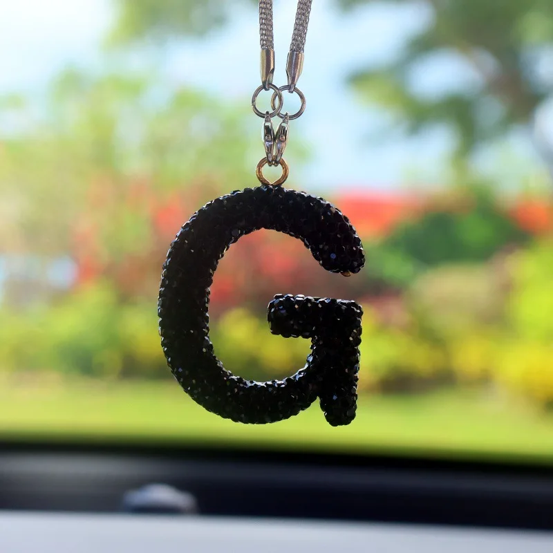 Black Rhinestone Letter Polymer Clay Car Charm - Crystal Rearview Mirror Pendant for Women