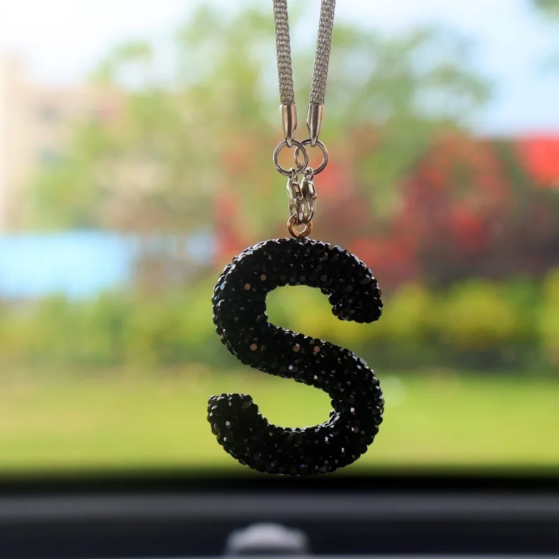 Black Rhinestone Letter Polymer Clay Car Charm - Crystal Rearview Mirror Pendant for Women