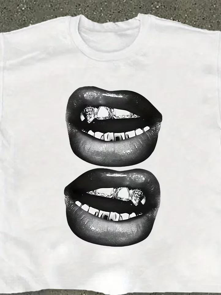 Lip Pattern Printed T-shirt Men Women Unisex Casual and Trendy,Oversize Casual T-shirt Travel Daily Streetwear Hip Hop Vintage